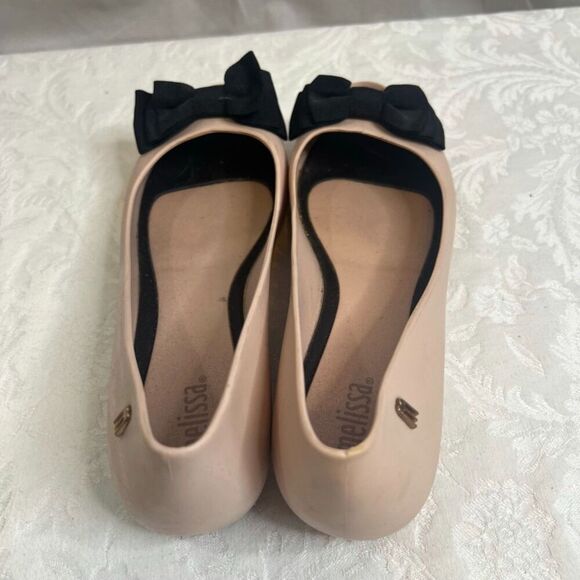Melissa Pink Ballet Flats with Black Bow Rubber Slip On Size 7 - Picture 4 of 11